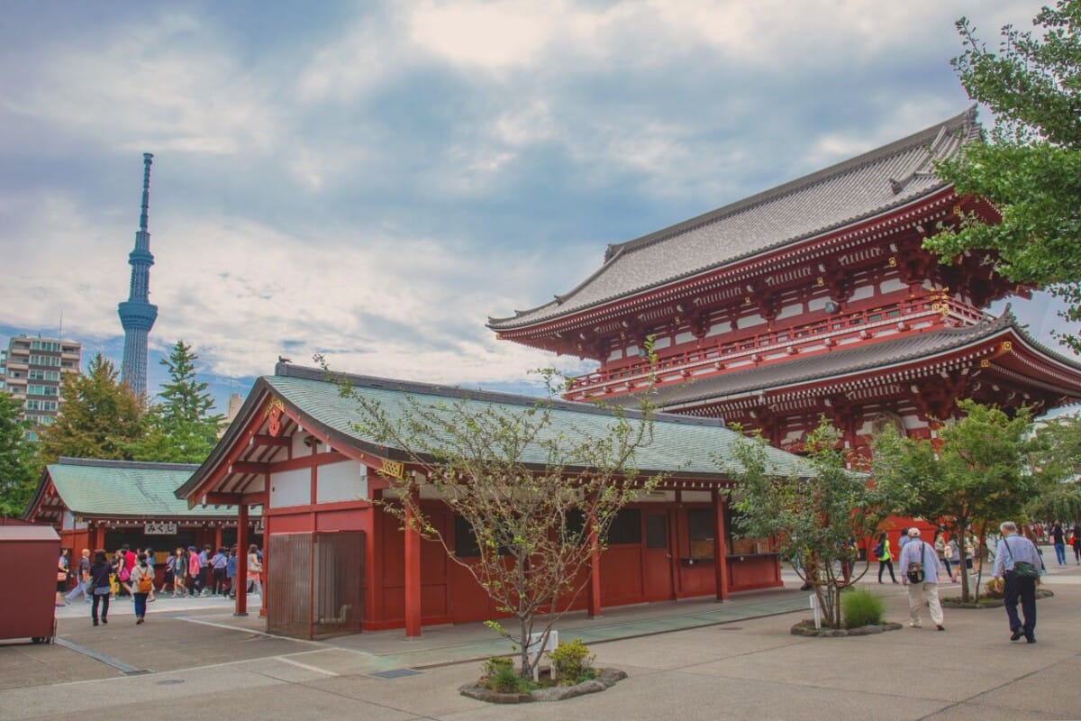 Scenic view of Sensoji Temple with Tokyo Skytree in Taito City, Tokyo, Japan.